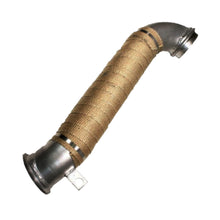 Duramax downpipe wrapped in tan exhaust heat wrap with stainless ends