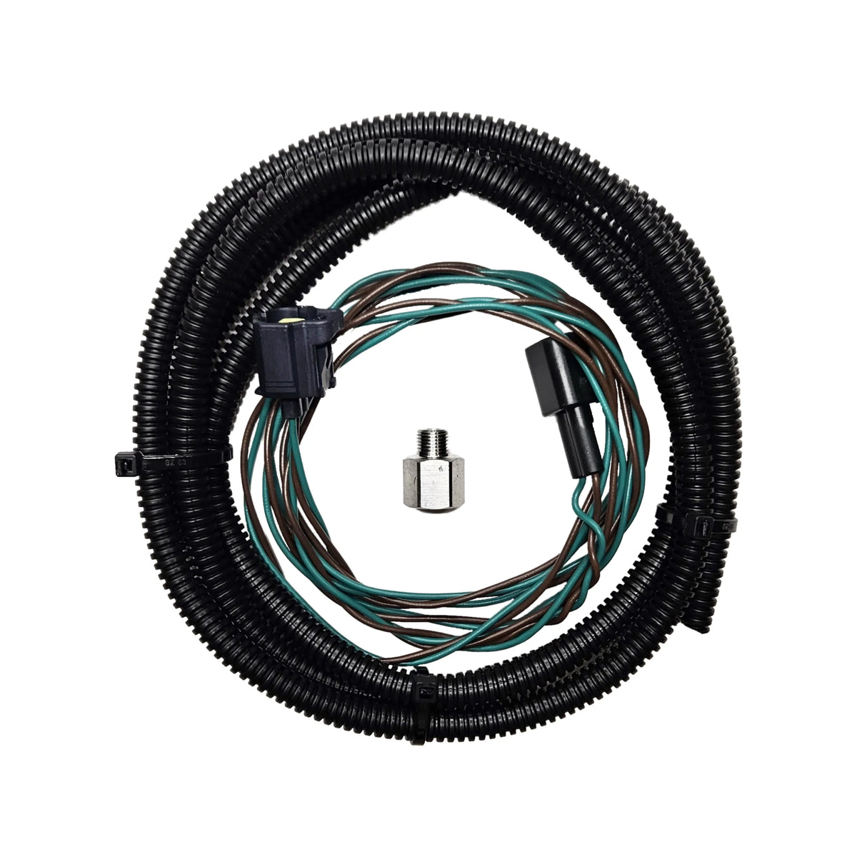 2013–2021 6.7 Cummins Pyro Relocation Kit: pyro relocation harness with green wires, black loom and fitting