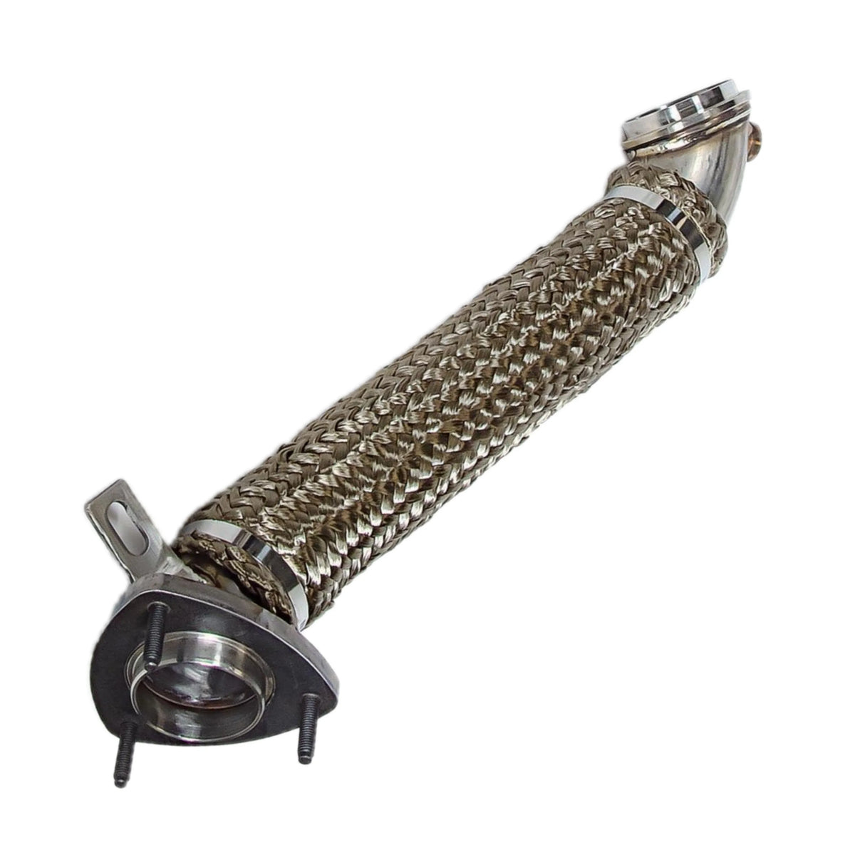 Stainless downpipe with braided heat wrap and three-bolt flange