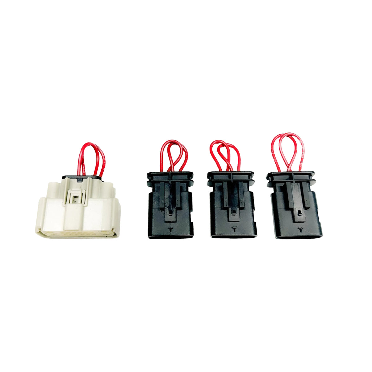 Four CAN bus bypass plugs with red wire loops, one gray and three black