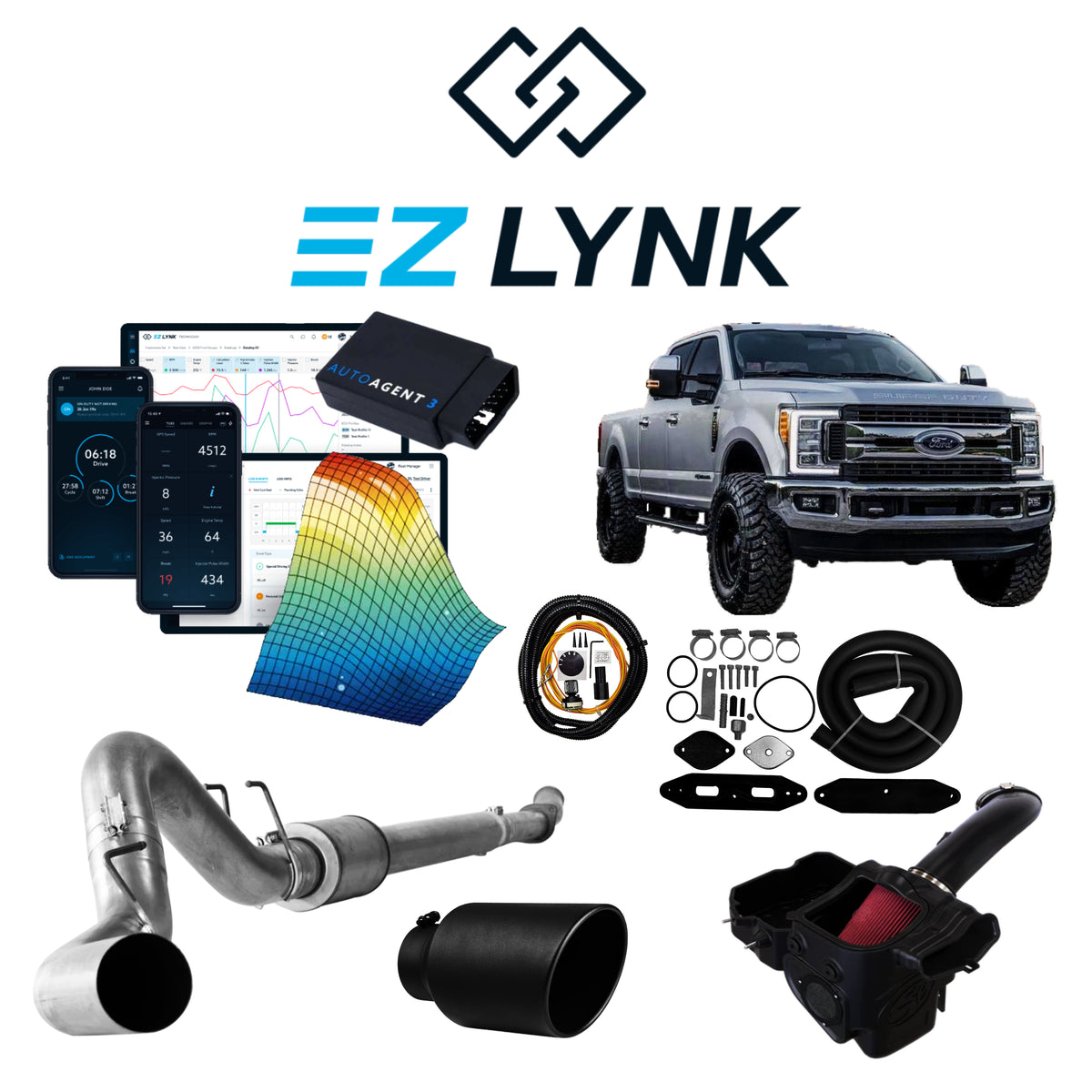 2008–2019 Ford Powerstroke EZ Lynk Delete Kit: EZ Lynk kit with Ford Super Duty, tuner, exhaust, EGR parts and intake