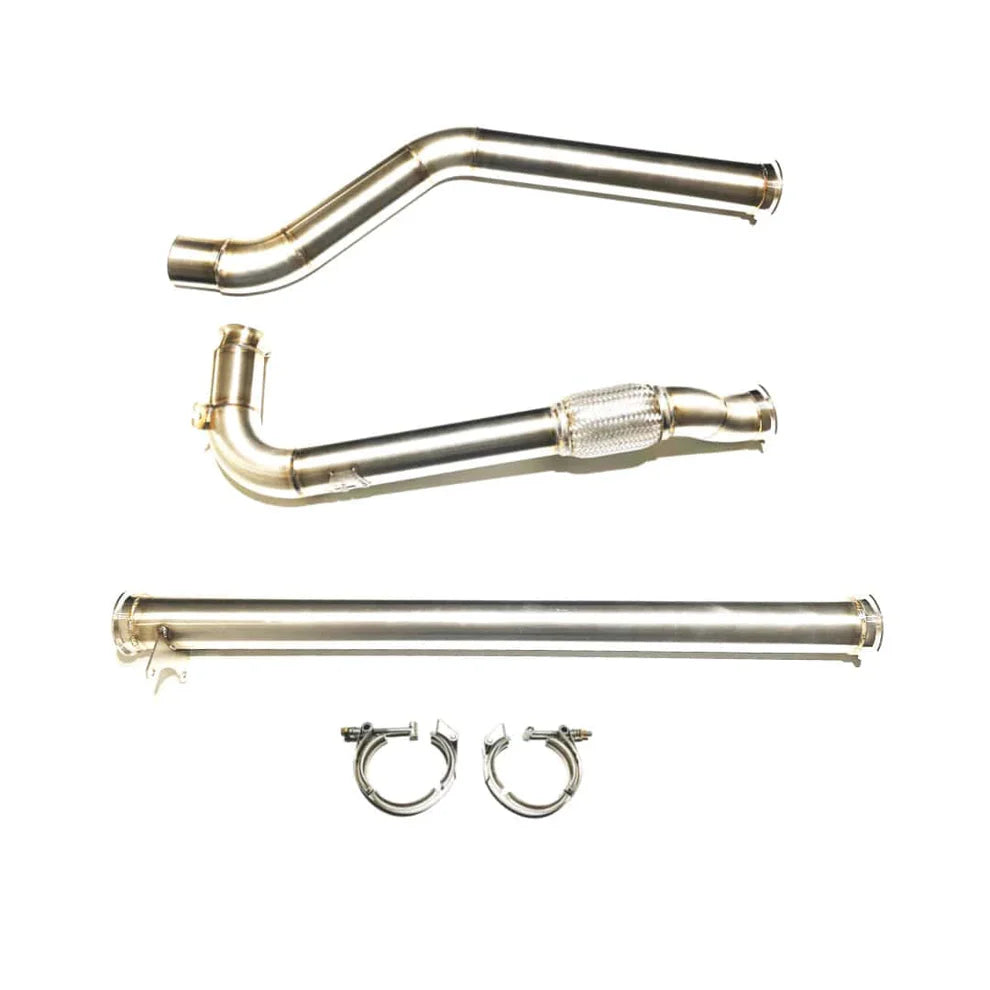 Stainless steel race pipes with flex section and two V-band clamps laid out