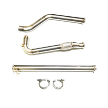 Stainless steel race pipes with flex section and two V-band clamps laid out