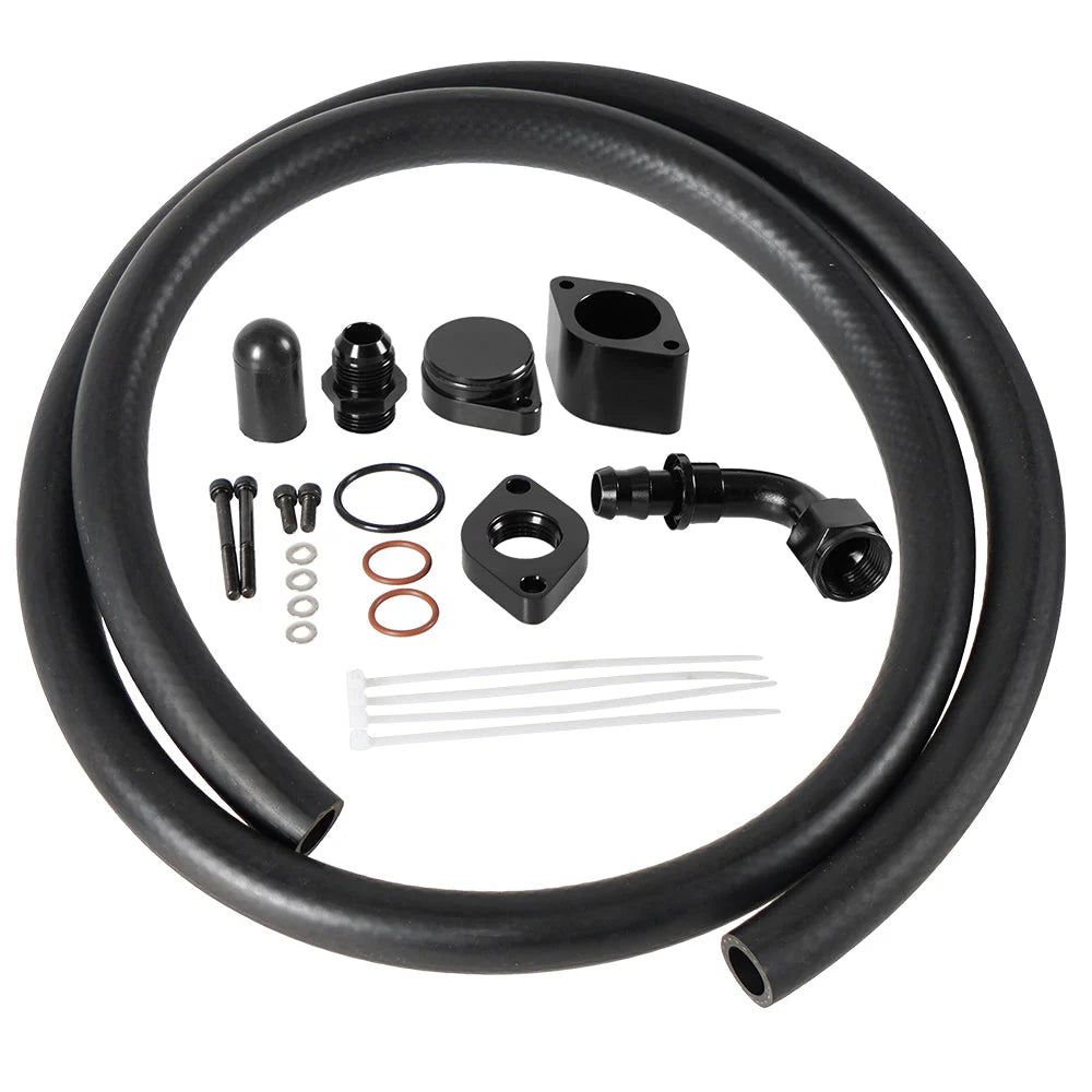2011–2026 6.7 Powerstroke CCV Upgrade Kit: ford CCV upgrade kit with black hose, billet adapters, fittings and O-rings