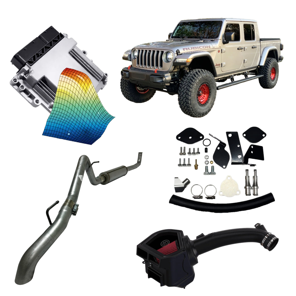 2020–2023 Jeep 3.0 EcoDiesel Delete Kit Bundle: jeep Gladiator Rubicon kit collage with ECM, exhaust, EGR parts and cold air intake