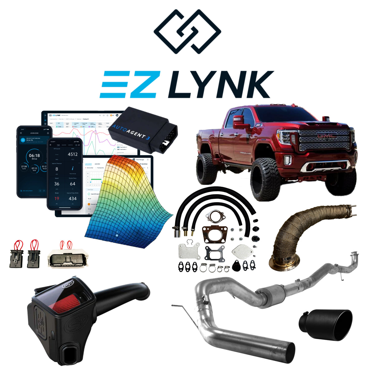 2019–2023 L5P Duramax EZ Lynk Delete Kit Bundle: EZ Lynk kit with red GMC Sierra HD, tuner, plugs, intake and exhaust