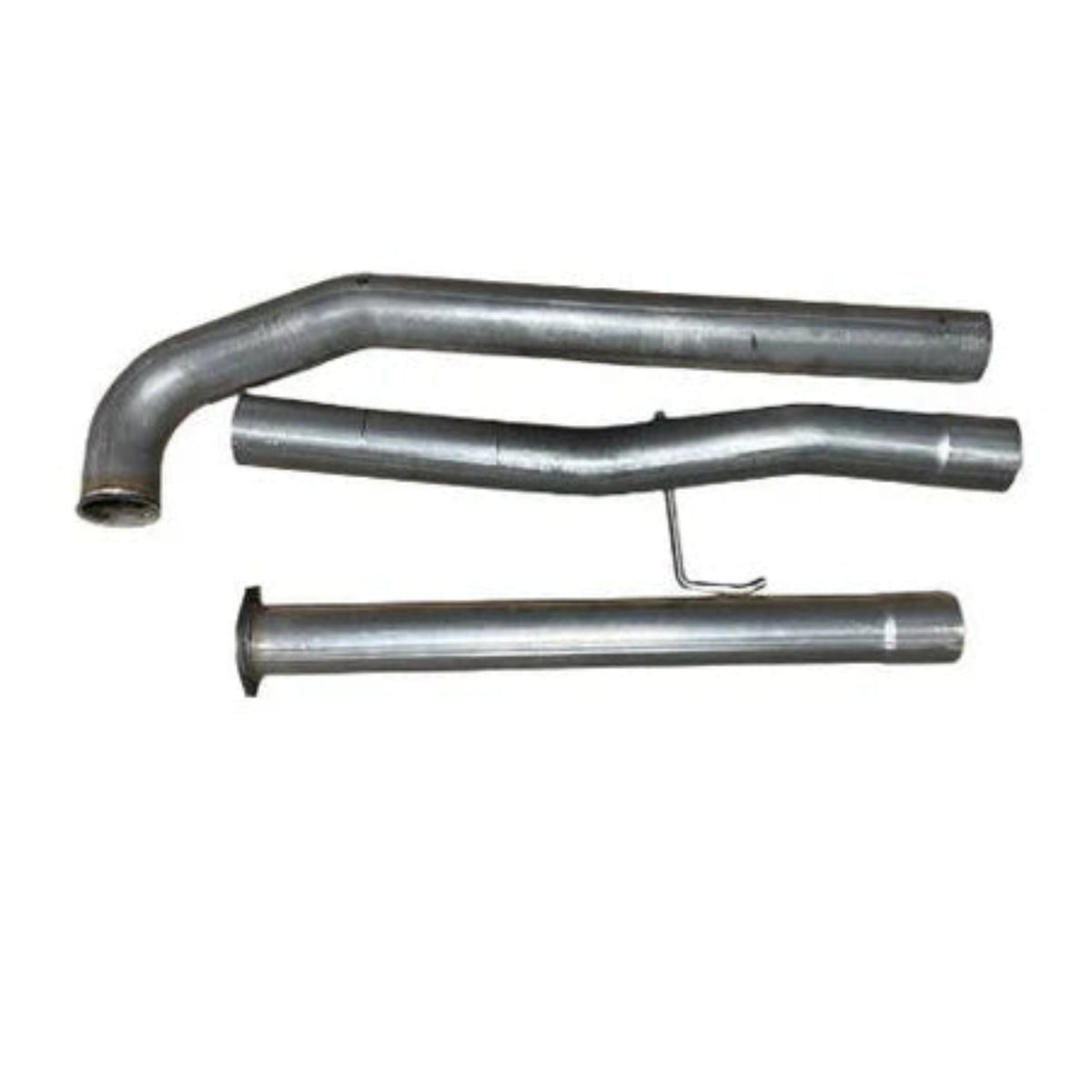 Three aluminized steel race pipe sections laid out on white background