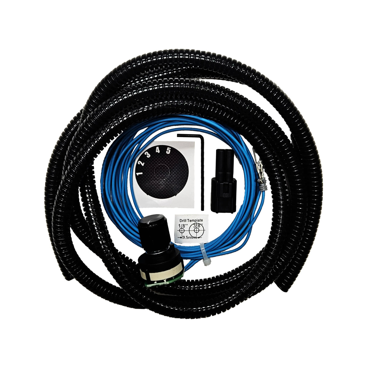 Five position rotary switch kit with blue wiring and black loom