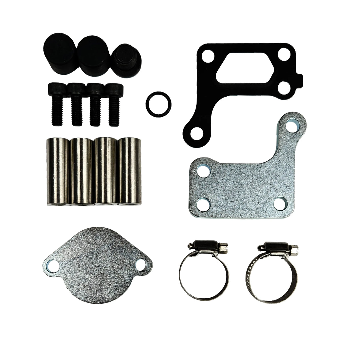 EGR delete kit with block-off plates, gasket, spacers, plugs and clamps