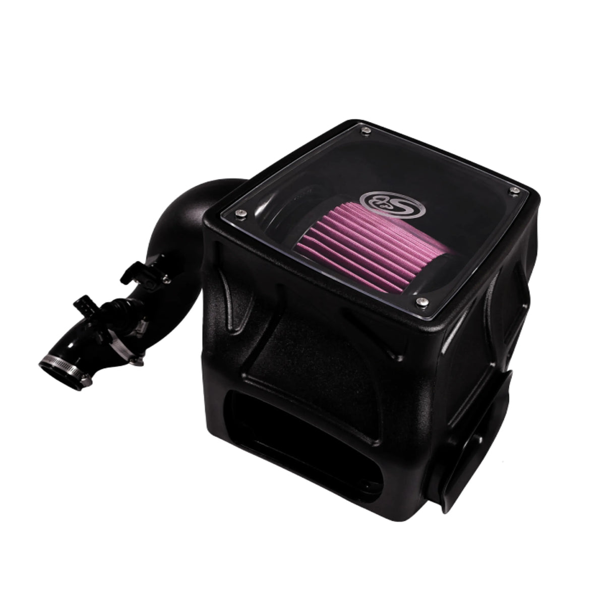 S&B cold air intake with red filter in a sealed black airbox
