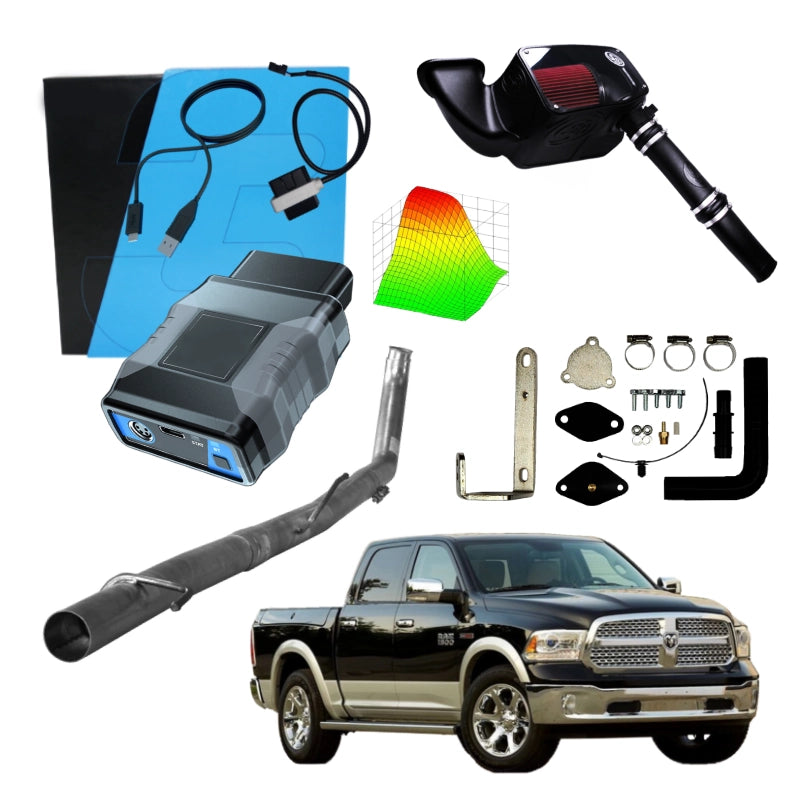 2014–2019 Ram 1500 3.0 EcoDiesel Delete Kit: black Ram 1500 with tuner, cold air intake, EGR kit and exhaust parts