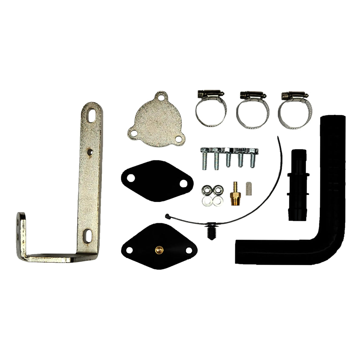 EGR delete kit with bracket, block-off plates, clamps and coolant hose