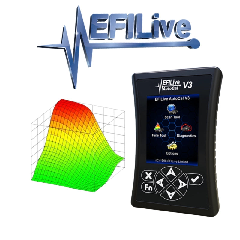 EFI Live AutoCal V3 handheld tuner beside a 3D tuning map graphic