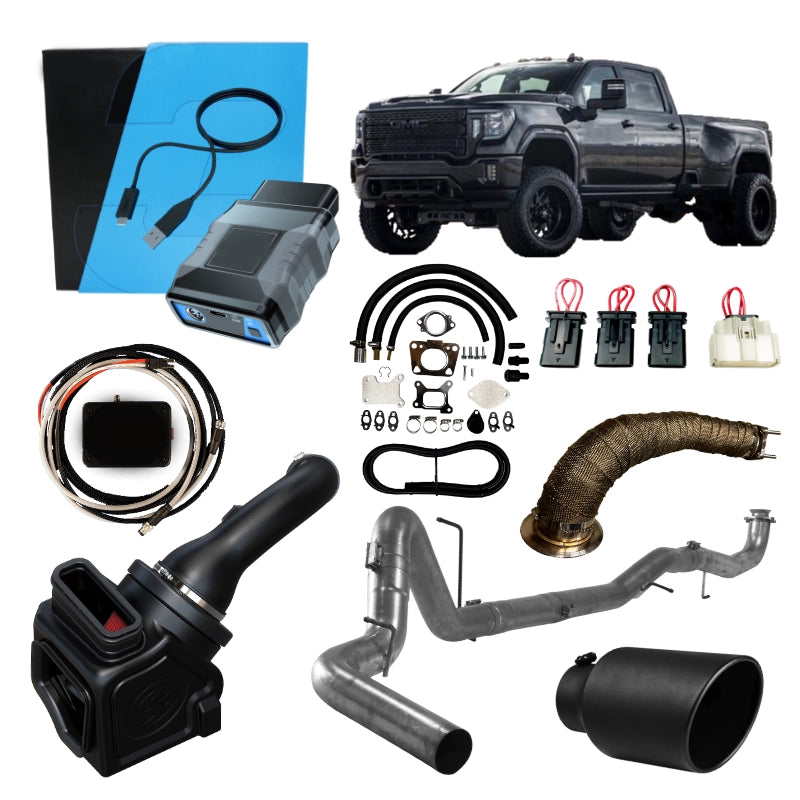 2017–2023 L5P Duramax Delete Kit Bundle: black GMC Sierra dually with tuner, intake, EGR kit, downpipe and exhaust