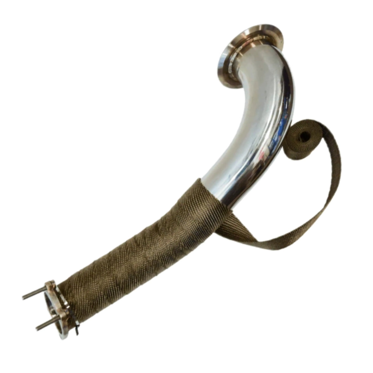Polished stainless L5P downpipe with V-band flange and heat wrap