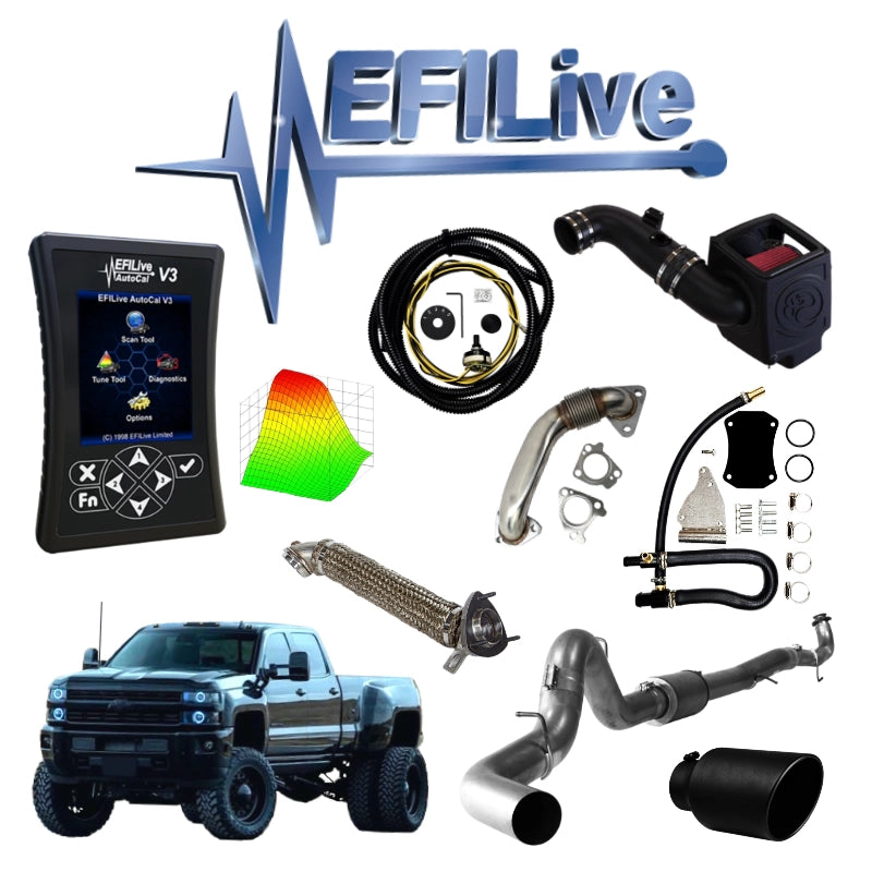 2011–2016 LML Duramax EFI Live Delete Kit Bundle: EFI Live AutoCal V3 kit with dually Duramax truck, intake, EGR parts and exhaust