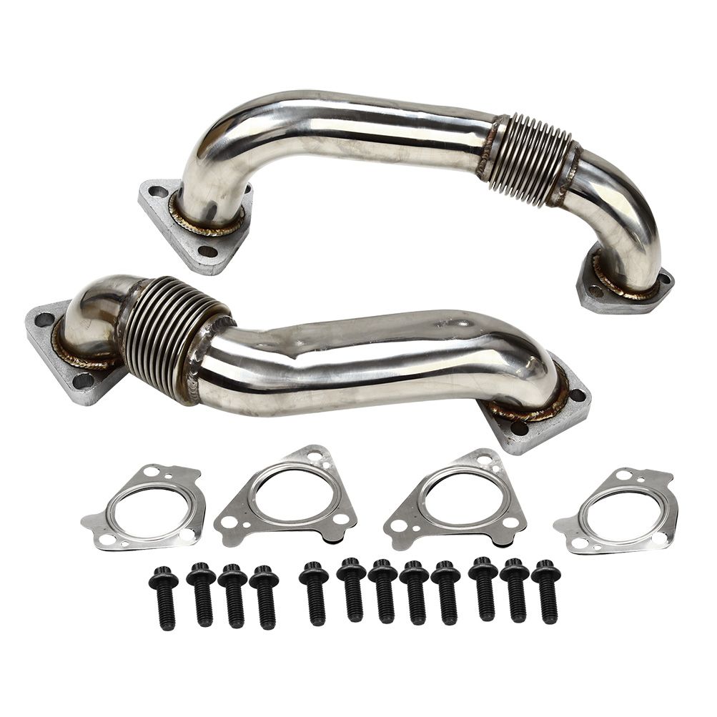 2001–2016 Duramax Up Pipes LB7 to LML: polished stainless up pipes with bellows, gaskets and bolts