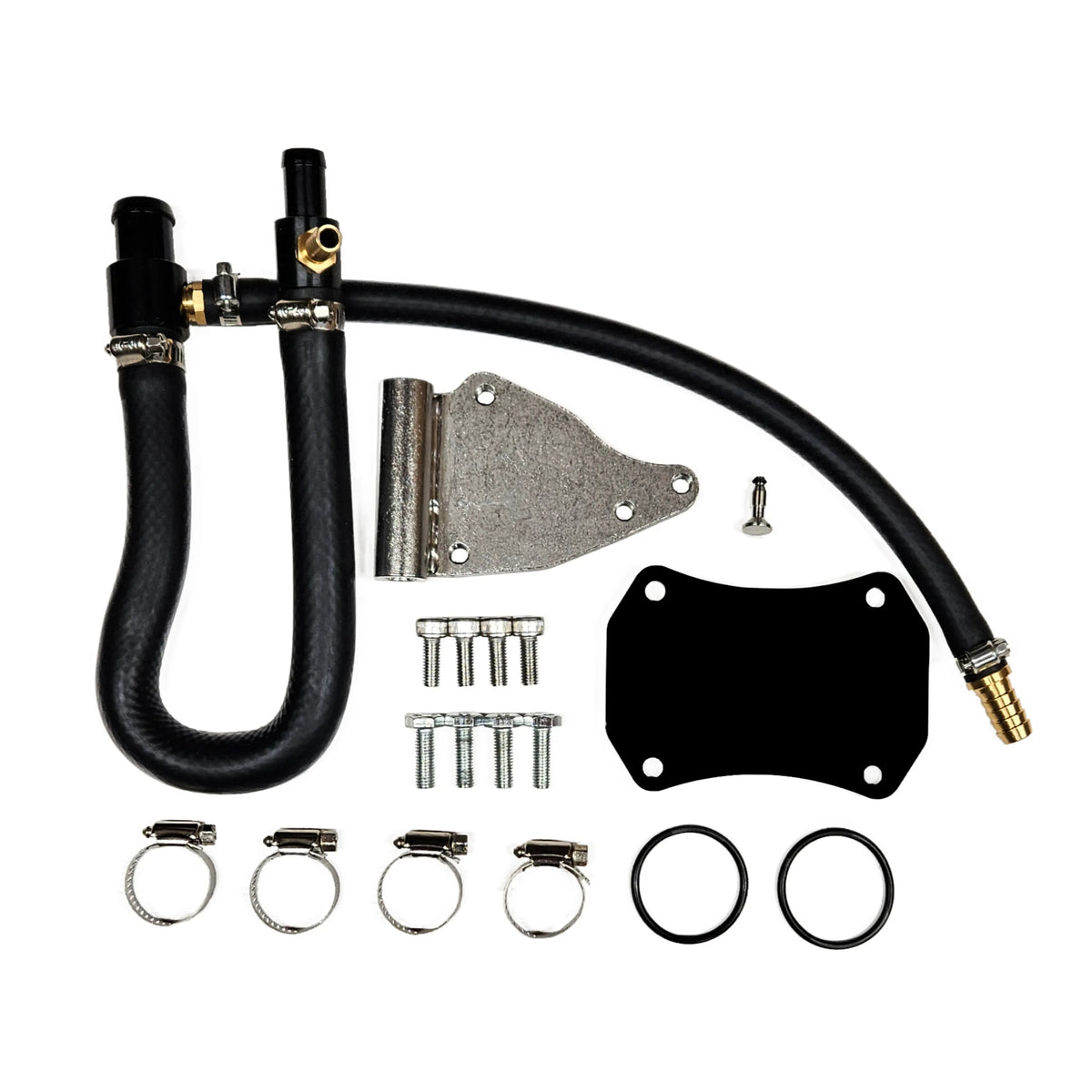 2005–2016 Duramax 6.6 CNC EGR Delete Kit: LML Duramax EGR delete kit with coolant hoses, block-off plate, clamps and bolts
