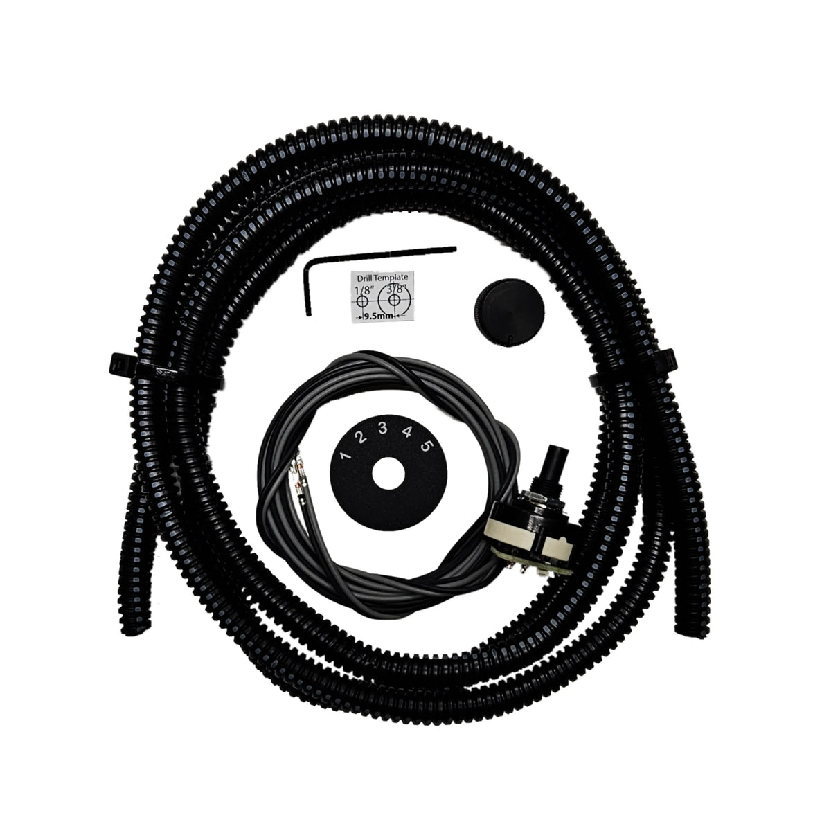 Five position rotary switch with wiring harness, loom, knob and dial plate