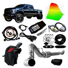 2013–2019 Ford 6.7 Powerstroke SCT Delete Kit: black Ford Super Duty with SCT tuner, intake, EGR kit and exhaust parts
