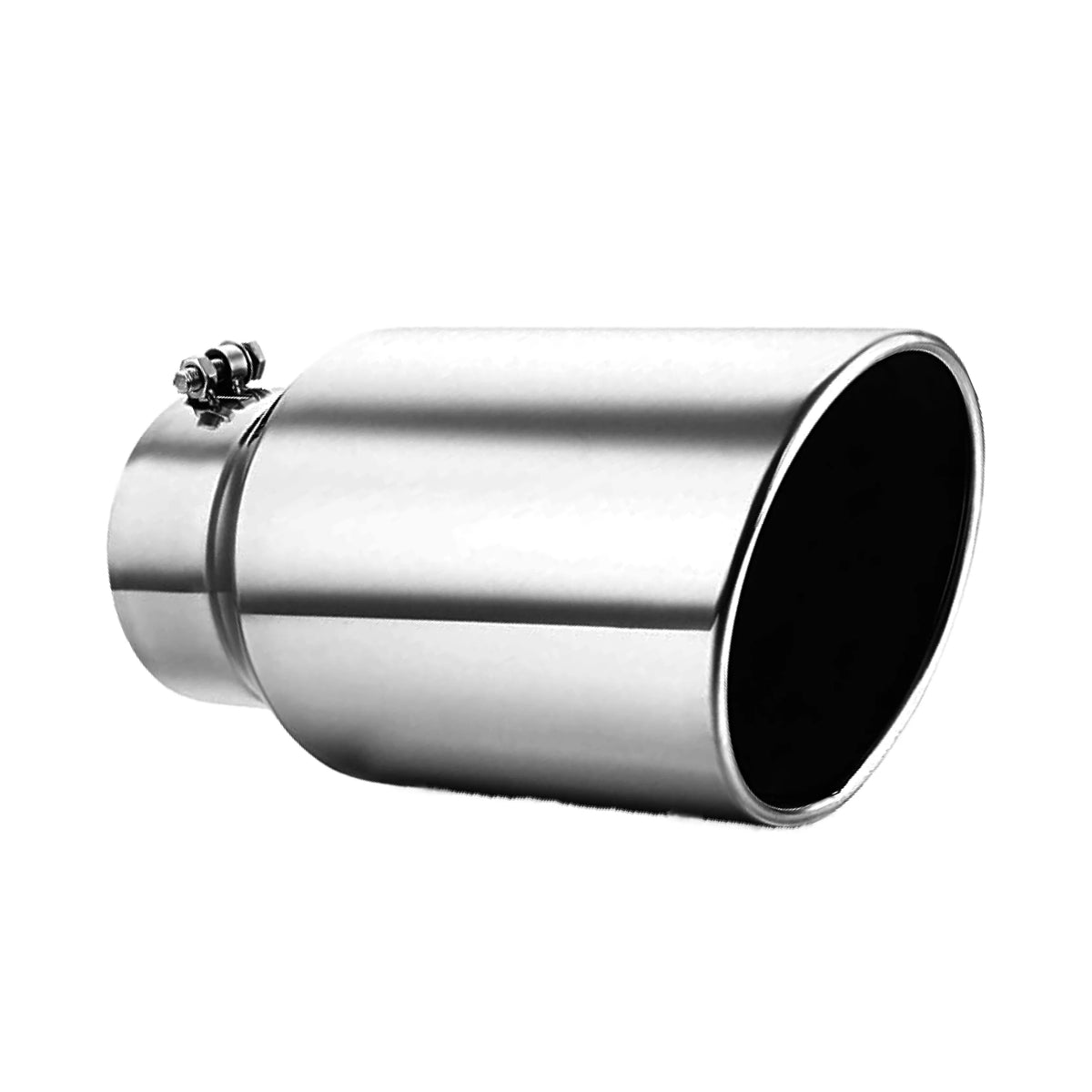 Polished stainless steel angle-cut exhaust tip with bolt-on clamp